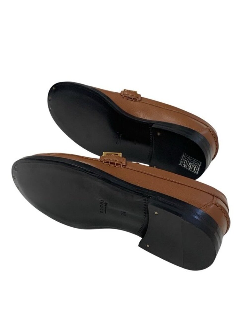 Gucci Loafer Leather Shoes Brown Gold Metal Logo Flat - Picture 6 of 10